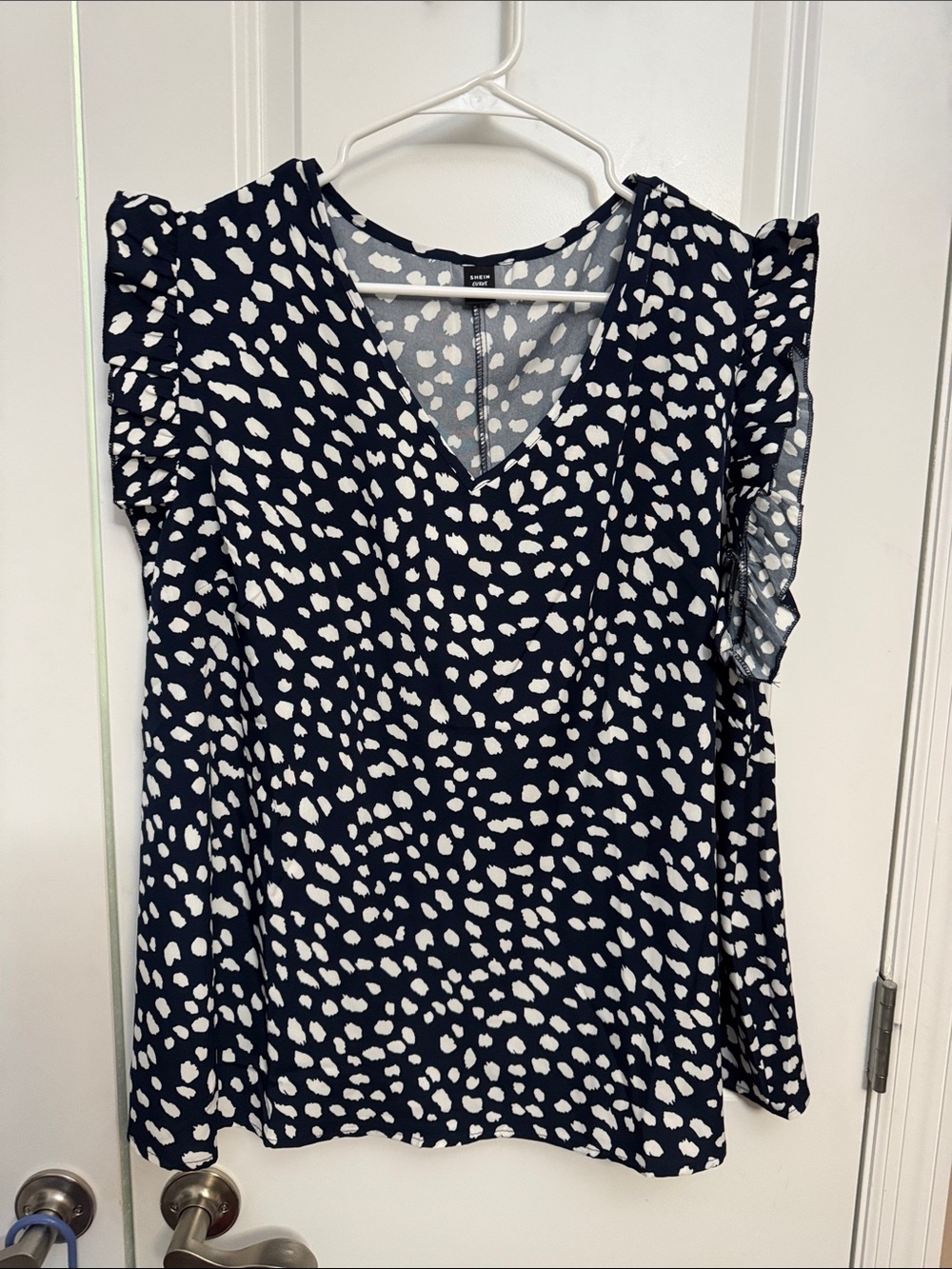 SHEIN Navy and White Spot V-Neck Ruffle Sleeve Blouse